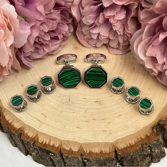 Stunning Green Malachite Silver Octagon Cufflinks Tuxedo Studs Formal 8 Pcs Set - Picture 3 of 16